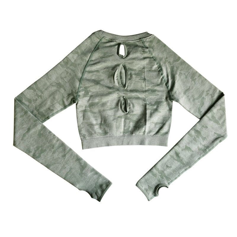 Camo Seamless O-Neck Shirts Women Gym Long Sleeves Running Sport Shirts Women Fitness Top Workout Tops