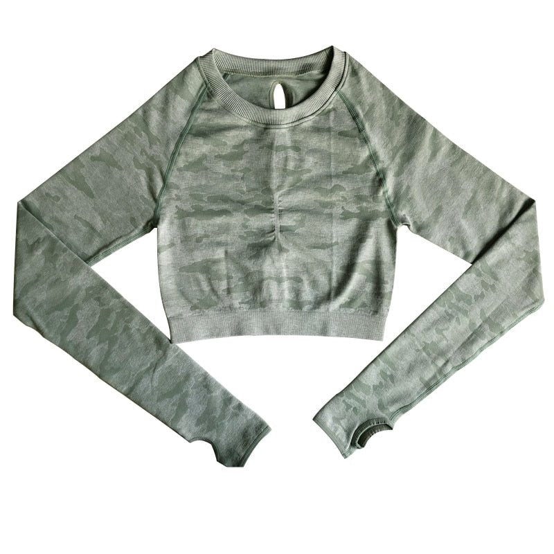 Camo Seamless O-Neck Shirts Women Gym Long Sleeves Running Sport Shirts Women Fitness Top Workout Tops