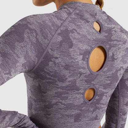 Camo Seamless O-Neck Shirts Women Gym Long Sleeves Running Sport Shirts Women Fitness Top Workout Tops