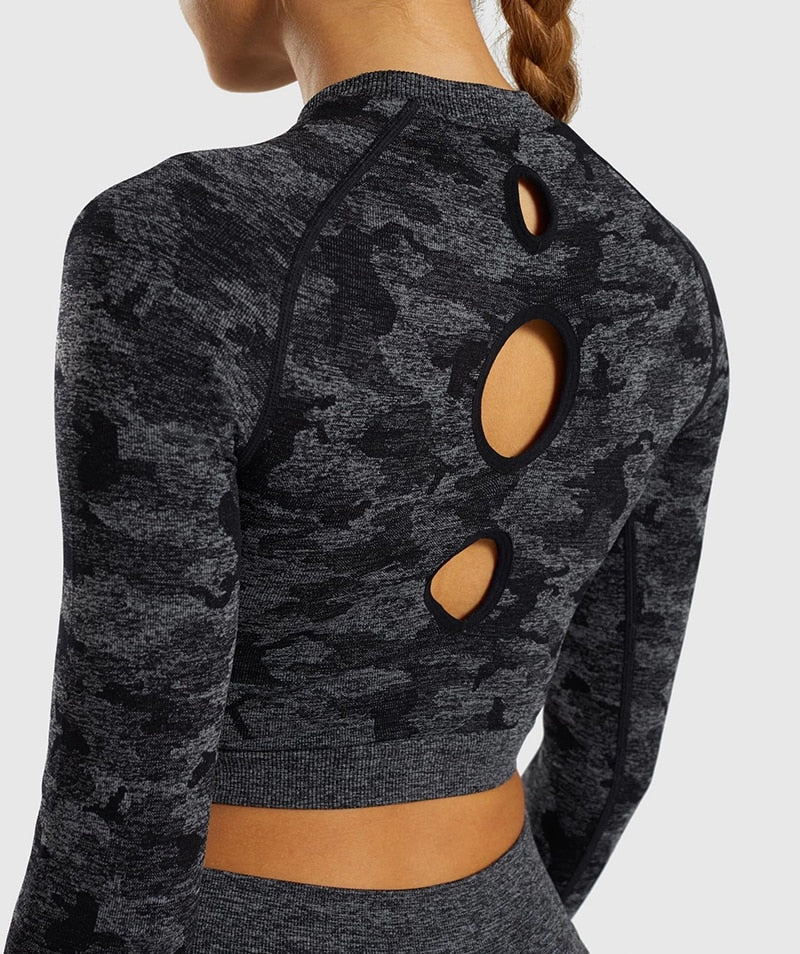 Camo Seamless O-Neck Shirts Women Gym Long Sleeves Running Sport Shirts Women Fitness Top Workout Tops