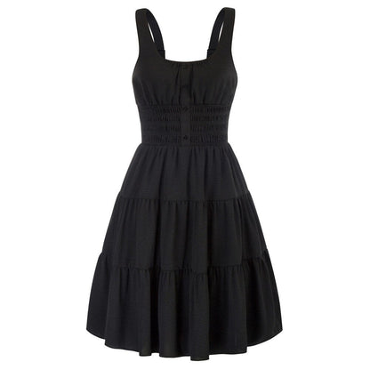 Casual Dresses Women Square Neck Short Dress Sexy Elegant Wide Straps Smocked Tiered Pure Color Pleated Summer Lady A-Line Dress