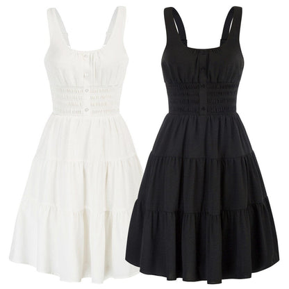 Casual Dresses Women Square Neck Short Dress Sexy Elegant Wide Straps Smocked Tiered Pure Color Pleated Summer Lady A-Line Dress