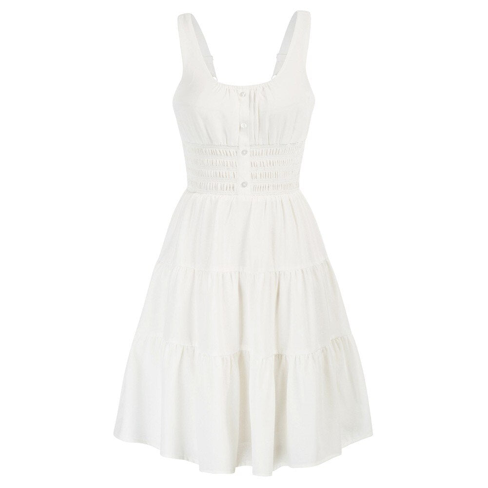 Casual Dresses Women Square Neck Short Dress Sexy Elegant Wide Straps Smocked Tiered Pure Color Pleated Summer Lady A-Line Dress