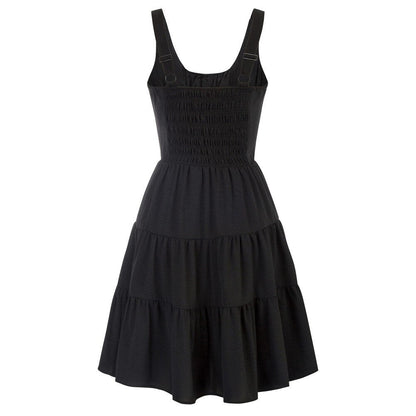 Casual Dresses Women Square Neck Short Dress Sexy Elegant Wide Straps Smocked Tiered Pure Color Pleated Summer Lady A-Line Dress