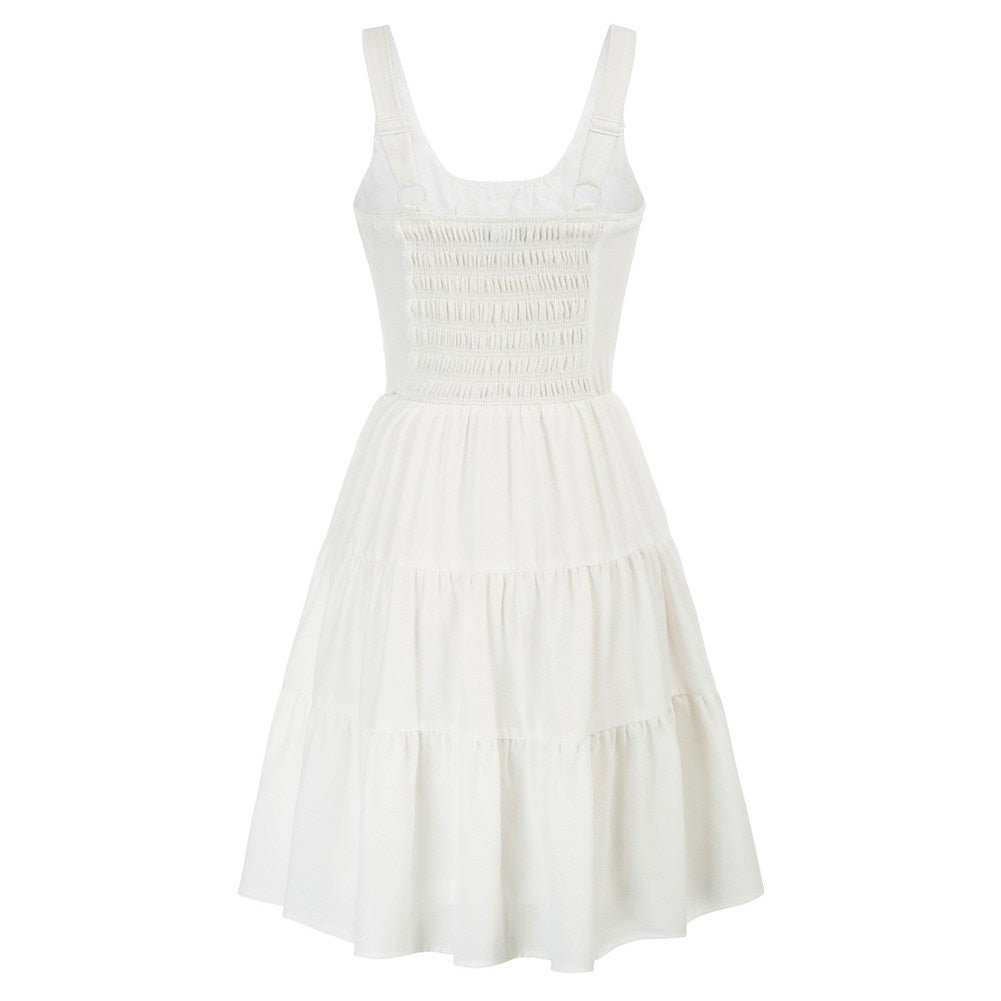 Casual Dresses Women Square Neck Short Dress Sexy Elegant Wide Straps Smocked Tiered Pure Color Pleated Summer Lady A-Line Dress