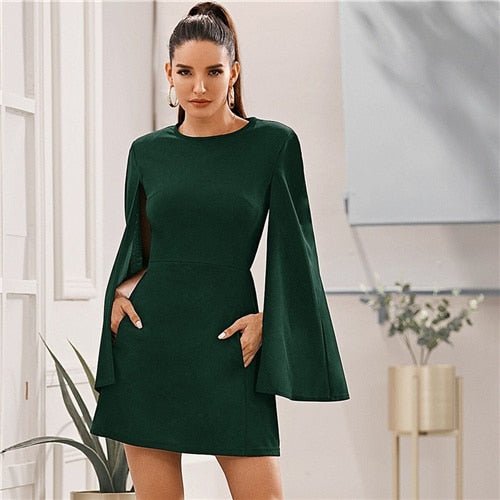 Cloak Sleeve Pocket Side Dress Without Belt Women Autumn Solid O-neck Short Fitted Elegant Highstreet Dresses