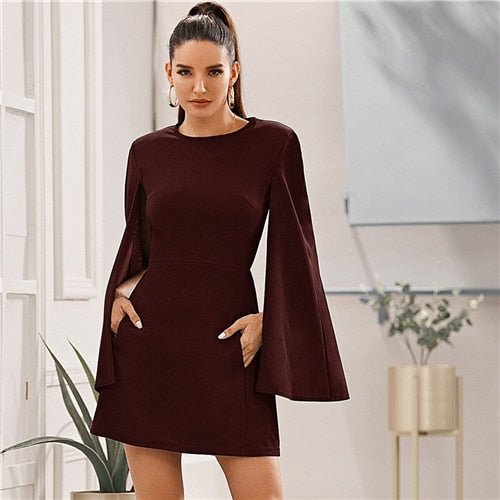 Cloak Sleeve Pocket Side Dress Without Belt Women Autumn Solid O-neck Short Fitted Elegant Highstreet Dresses