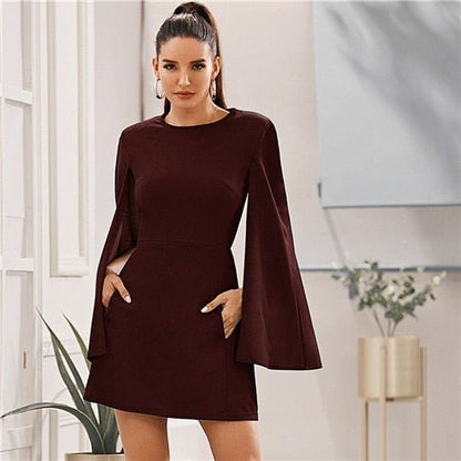 Cloak Sleeve Pocket Side Dress Without Belt Women Autumn Solid O-neck Short Fitted Elegant Highstreet Dresses