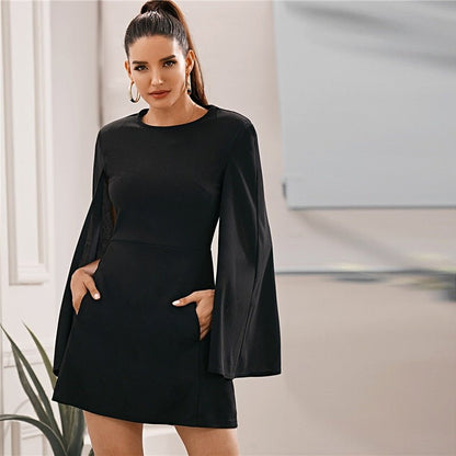 Cloak Sleeve Pocket Side Dress Without Belt Women Autumn Solid O-neck Short Fitted Elegant Highstreet Dresses