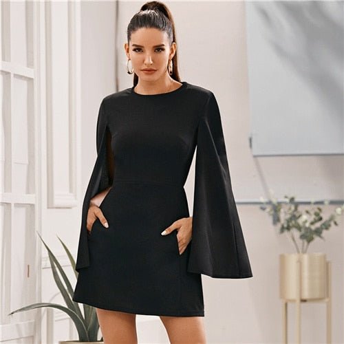 Cloak Sleeve Pocket Side Dress Without Belt Women Autumn Solid O-neck Short Fitted Elegant Highstreet Dresses