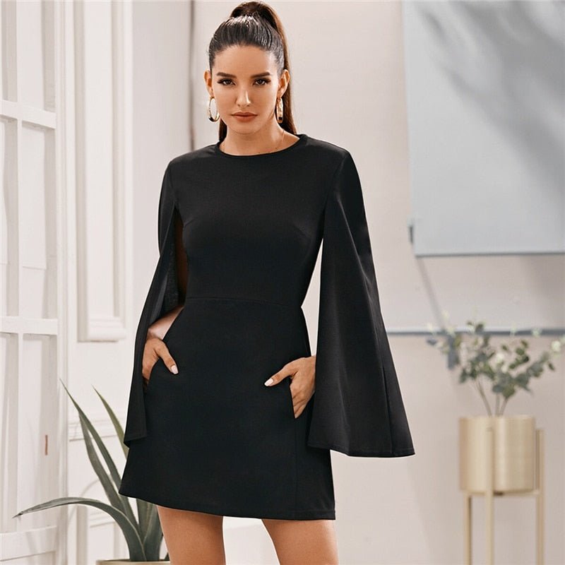 Cloak Sleeve Pocket Side Dress Without Belt Women Autumn Solid O-neck Short Fitted Elegant Highstreet Dresses