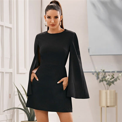 Cloak Sleeve Pocket Side Dress Without Belt Women Autumn Solid O-neck Short Fitted Elegant Highstreet Dresses