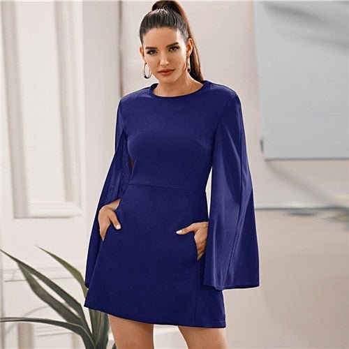 Cloak Sleeve Pocket Side Dress Without Belt Women Autumn Solid O-neck Short Fitted Elegant Highstreet Dresses