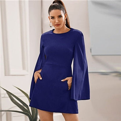 Cloak Sleeve Pocket Side Dress Without Belt Women Autumn Solid O-neck Short Fitted Elegant Highstreet Dresses