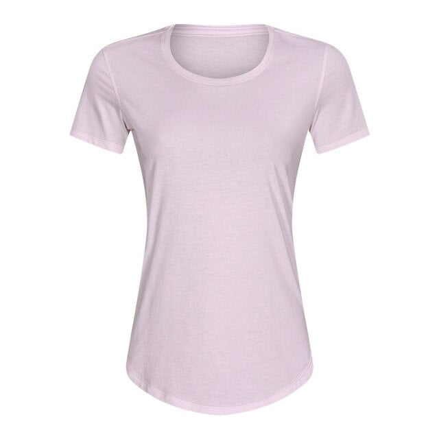 Cotton Yoga Exercise Workout T-shirt Women Anti-sweat Hip-length Running Fitness Gym Short Sleeve Shirts Tee