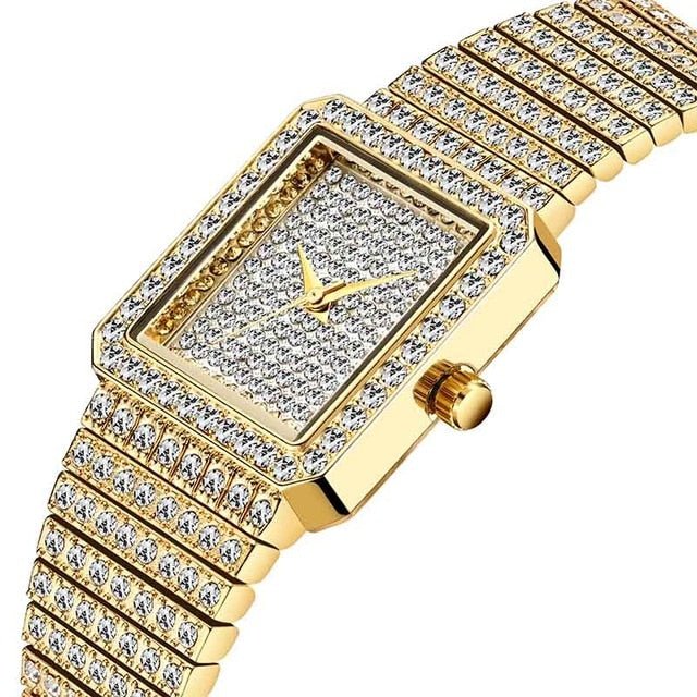 Diamond Watch For Women Luxury Brand Ladies Gold Square Watch Minimalist Analog Quartz Movt Unique Female Iced Out Watch