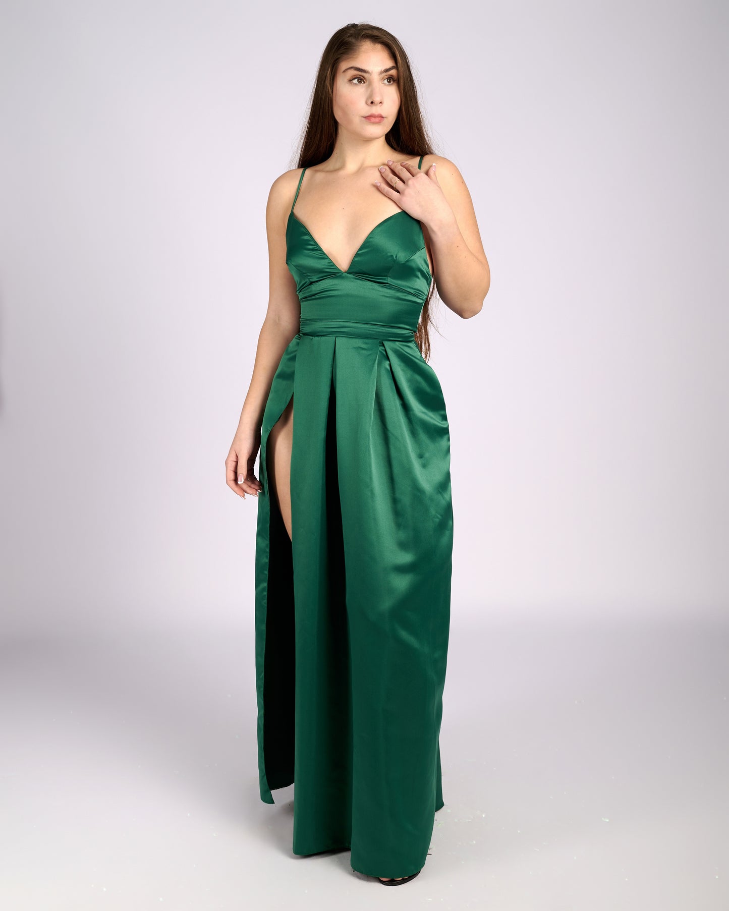 Ofelia Emerald Satin High Slit Dress " evening dresses " foremata gia gamo
