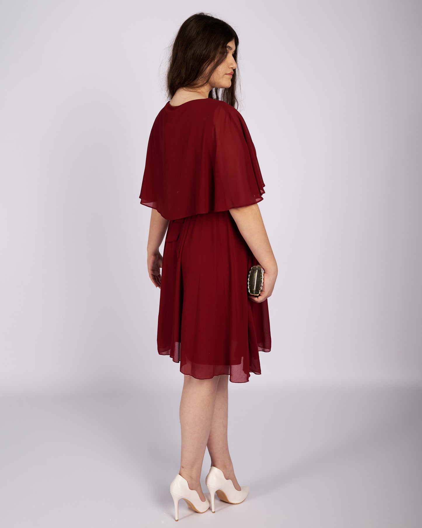 Dorothy Burgundy Mouseline Dress with Cape "evening dresses"