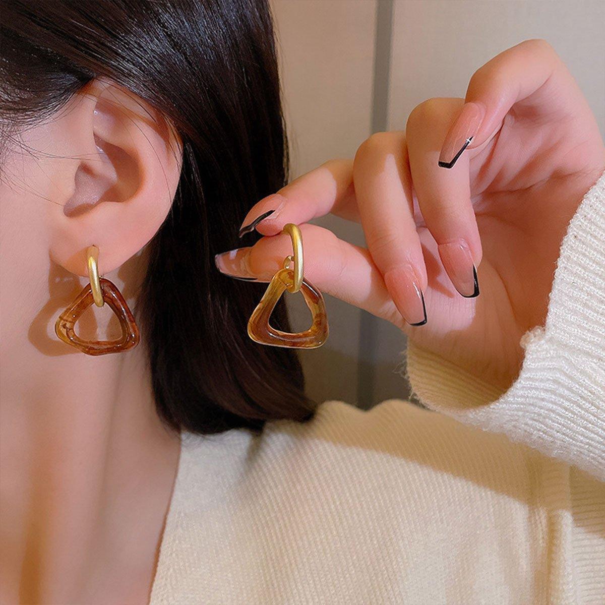 Retro Geometric Triangle Coffee Beige Earrings Women Girls Trendy Fashion