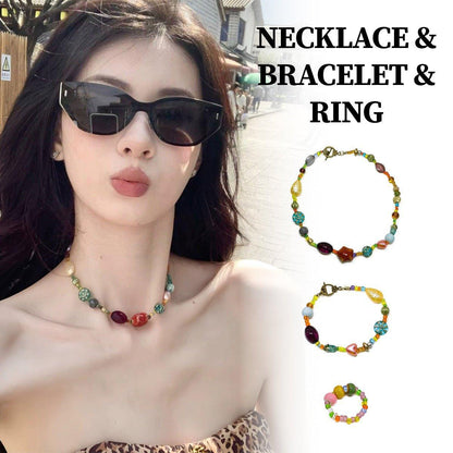 Colourful Ethnic Vintage Beaded Necklace Bracelet Ring Set Boho Jewelry Girl