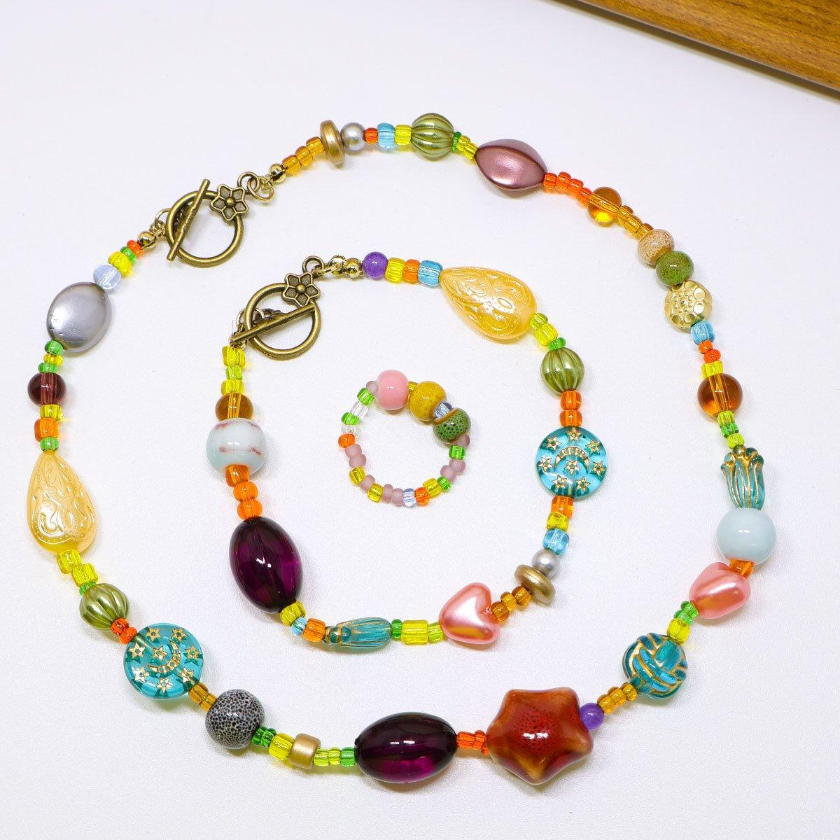 Colourful Ethnic Vintage Beaded Necklace Bracelet Ring Set Boho Jewelry Girl