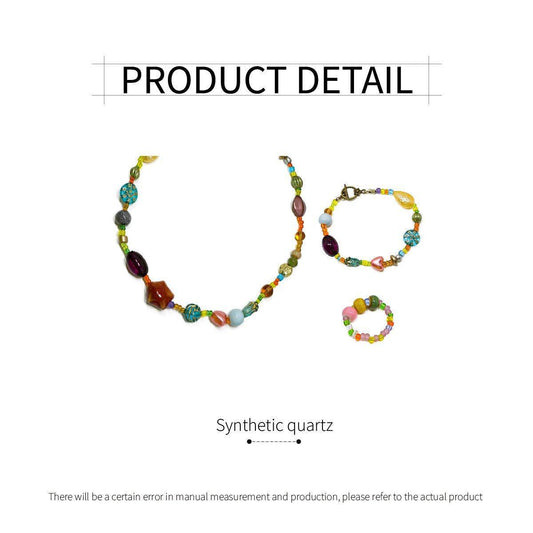 Colourful Ethnic Vintage Beaded Necklace Bracelet Ring Set Boho Jewelry Girl