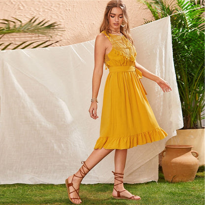 Yellow Lace Panel Ruffle Hem Belted Summer Boho Midi Dress Women Sleeveless High Waist Ladies Fringe Fit and Flare Dresses-3