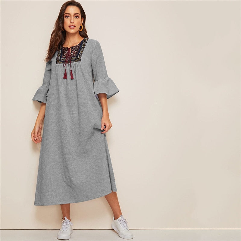 Tassel Tie Neck Embroidered Yoke Boho Striped Dress Women Summer Holiday Drop Waist Flounce Sleeve A Line Long Dresses