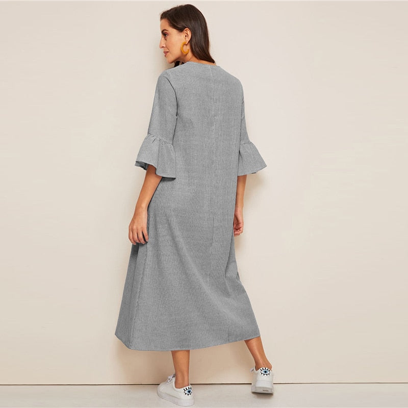 Tassel Tie Neck Embroidered Yoke Boho Striped Dress Women Summer Holiday Drop Waist Flounce Sleeve A Line Long Dresses