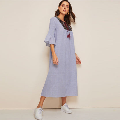 Tassel Tie Neck Embroidered Yoke Boho Striped Dress Women Summer Holiday Drop Waist Flounce Sleeve A Line Long Dresses