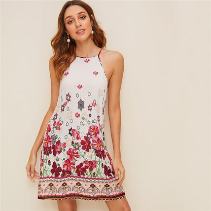 Floral Print Spaghetti Strap Boho Beach Straight Dress Women Summer Holiday Sleeveless Button Back Short Cami Dresses