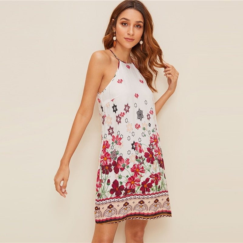Floral Print Spaghetti Strap Boho Beach Straight Dress Women Summer Holiday Sleeveless Button Back Short Cami Dresses