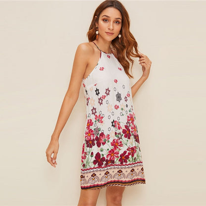 Floral Print Spaghetti Strap Boho Beach Straight Dress Women Summer Holiday Sleeveless Button Back Short Cami Dresses