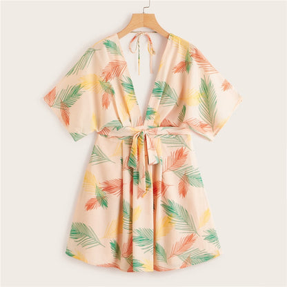 Plunge Neck Tied Open Back Tropical Dress Deep V Neck Fit and Flare Women Dresses Short Sleeve Summer Dress