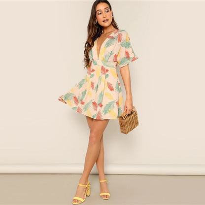 Plunge Neck Tied Open Back Tropical Dress Deep V Neck Fit and Flare Women Dresses Short Sleeve Summer Dress