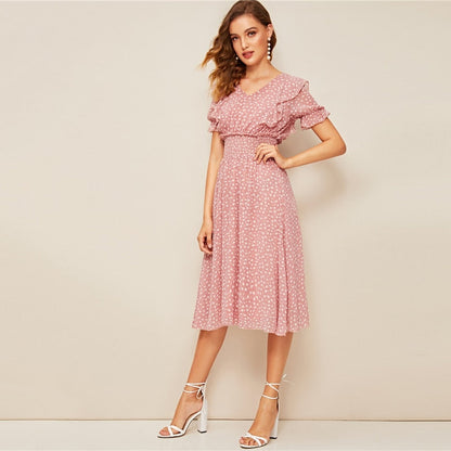 Pink Ruffle Trim Puff Sleeve Shirred Waist Summer Boho Dress Fit and Flare Dress Women Elegant Empire Long Dresses