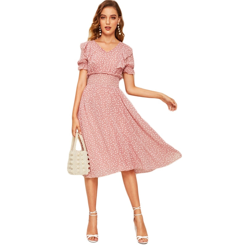 Pink Ruffle Trim Puff Sleeve Shirred Waist Summer Boho Dress Fit and Flare Dress Women Elegant Empire Long Dresses