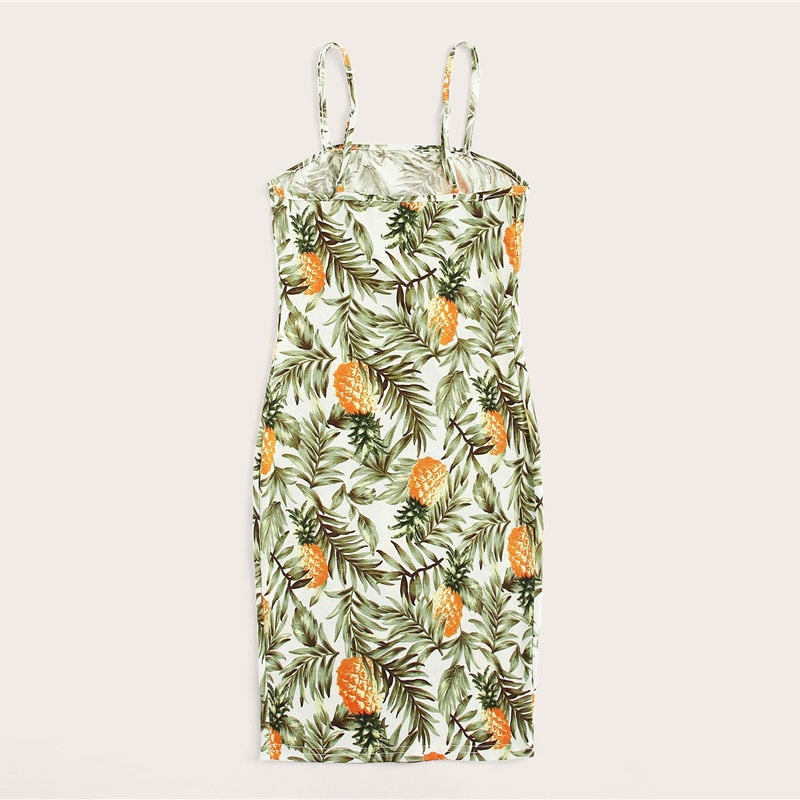 Allover Pineapple Tropical Print Cami Dress Multicolor Sleeveless Sheath Mini Dresses Women Summer Vacation Beach Dress