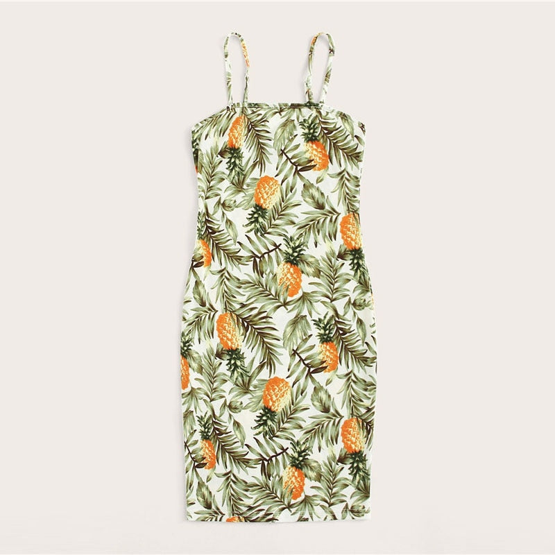 Allover Pineapple Tropical Print Cami Dress Multicolor Sleeveless Sheath Mini Dresses Women Summer Vacation Beach Dress