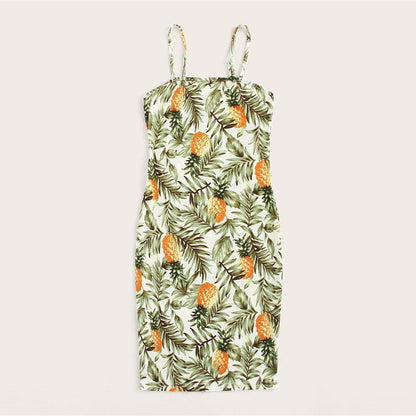 Allover Pineapple Tropical Print Cami Dress Multicolor Sleeveless Sheath Mini Dresses Women Summer Vacation Beach Dress