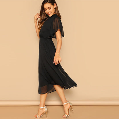 Glamorous Black Mock-neck Knot Back Sheer Panel Dress Spring A Line Butterfly Sleeve Stand Collar Elegant Dresses