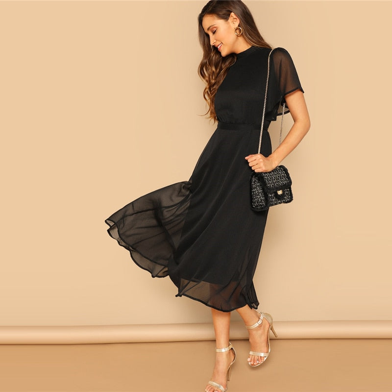 Glamorous Black Mock-neck Knot Back Sheer Panel Dress Spring A Line Butterfly Sleeve Stand Collar Elegant Dresses