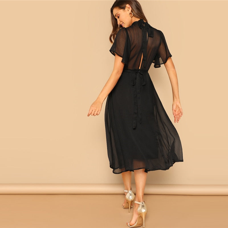 Glamorous Black Mock-neck Knot Back Sheer Panel Dress Spring A Line Butterfly Sleeve Stand Collar Elegant Dresses
