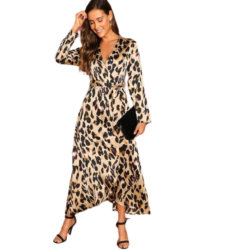 Multicolor Surplice Wrap Satin Leopard Deep V Neck  Half Sleeve Dress Elegant Women Autumn Modern Lady Dresses