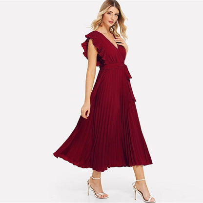 Soild Ruffle Trim Wrap Knot Summer Dress With Belt Women Clothes A Line High Waist Maxi Dress Ladies Pleated Dresses