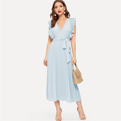 Soild Ruffle Trim Wrap Knot Summer Dress With Belt Women Clothes A Line High Waist Maxi Dress Ladies Pleated Dresses