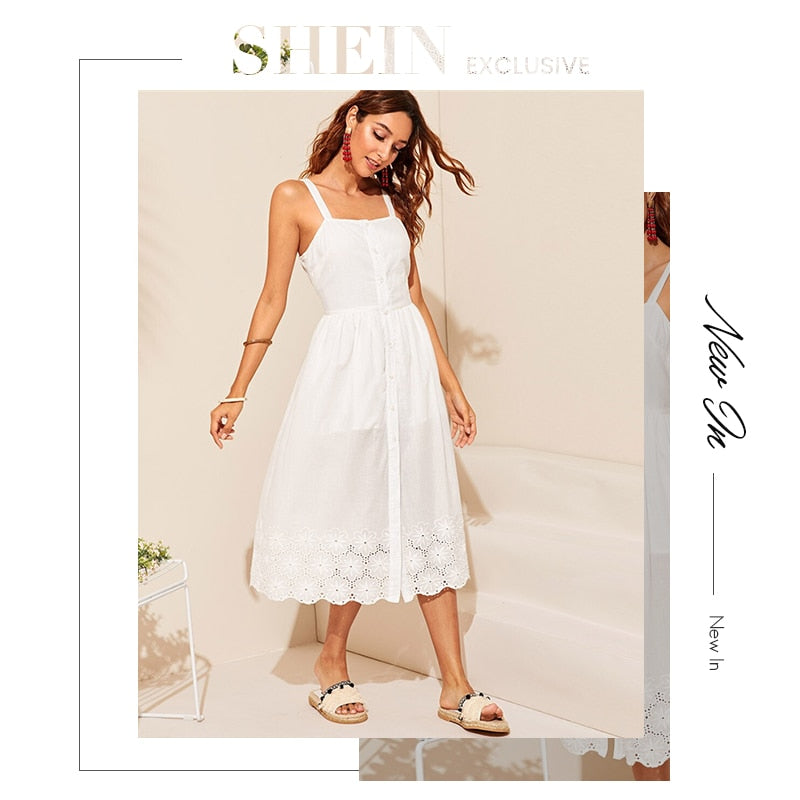 White Embroidered Eyelet Hem Button Up Summer Boho Dress Women Straps Empire Dress Solid Fit and Flare Long Cami Dresses