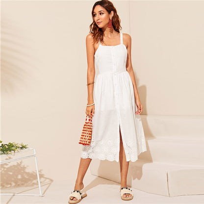 White Embroidered Eyelet Hem Button Up Summer Boho Dress Women Straps Empire Dress Solid Fit and Flare Long Cami Dresses