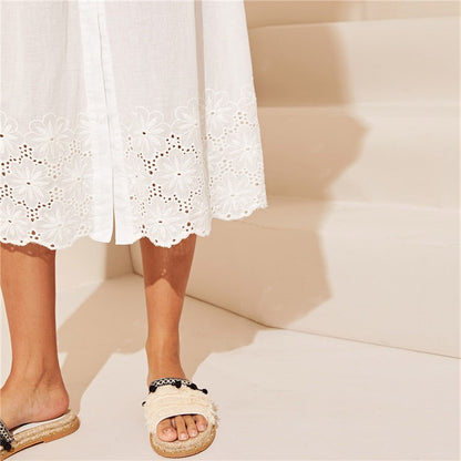 White Embroidered Eyelet Hem Button Up Summer Boho Dress Women Straps Empire Dress Solid Fit and Flare Long Cami Dresses