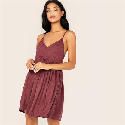 Solid Criss-cross High Waist Slip Cami Dress Women Summer Deep V Neck Pleated Hem Fit and Flare Casual Short Dresses
